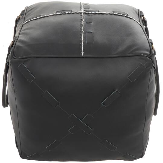 22" Leather Pouf with Woven Straps & Handles